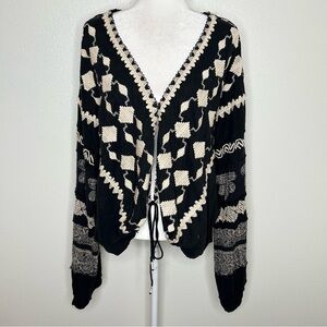 Free People Black & Beige Embroidered Oversized Tie-Front Long Sleeve Boho Top L